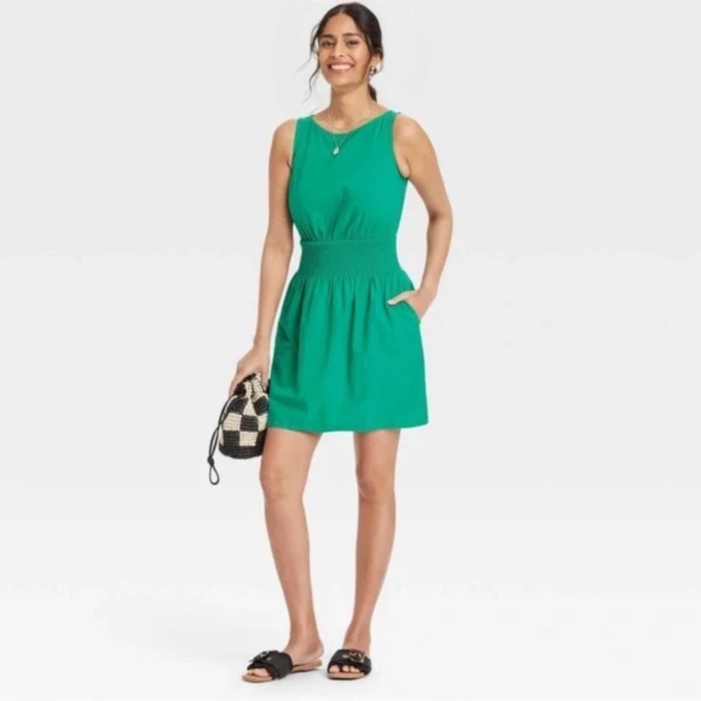 Green Linen Sundress Smocked Waist